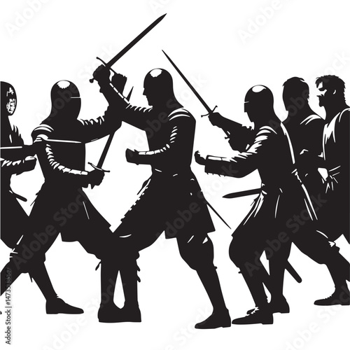 Historical European Martial Arts (HEMA) (Europe - medieval and renaissance fighting) Silhouette line art vector illustration on white background