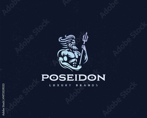 Poseidon or Neptune wielding a trident with waves logo template for corporate