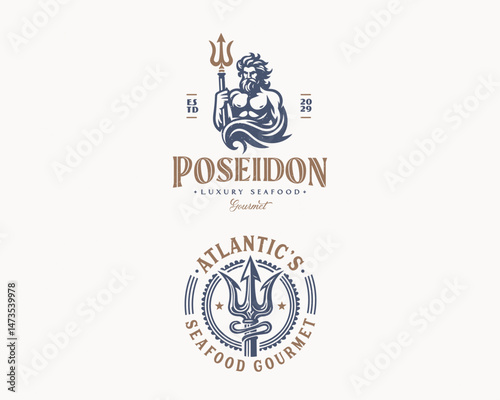 Poseidon or Neptune wielding a trident with waves logo template for corporate