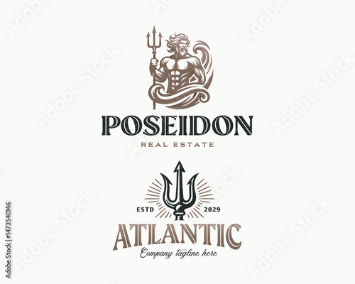 Poseidon or Neptune wielding a trident with waves logo template for corporate