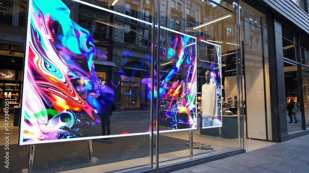 Futuristic Storefront Featuring Transparent Digital Display for Advertising