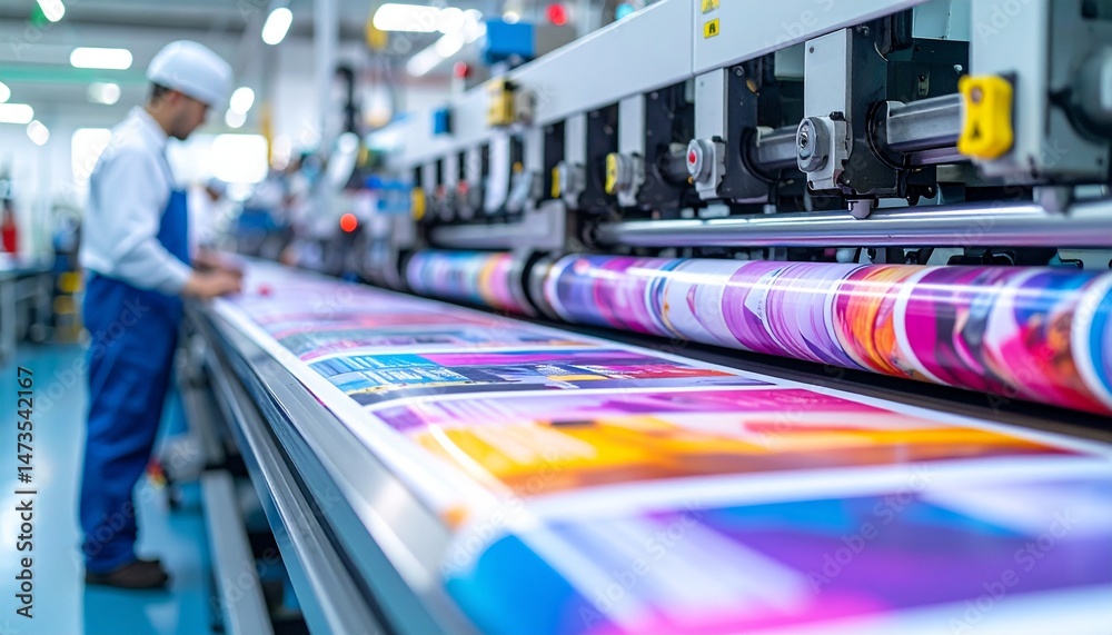 Printing press in operation, producing colorful graphic prints in a factory setting with a worker Printing press in operation, producing colorful graphic prints in a factory setting with a worker