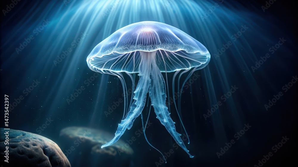 Obraz premium A translucent ethereal jellyfish floats gently in dark, mysterious waters, its umbrella-like body glowing softly under the dim light, bioluminescent effect, marine life