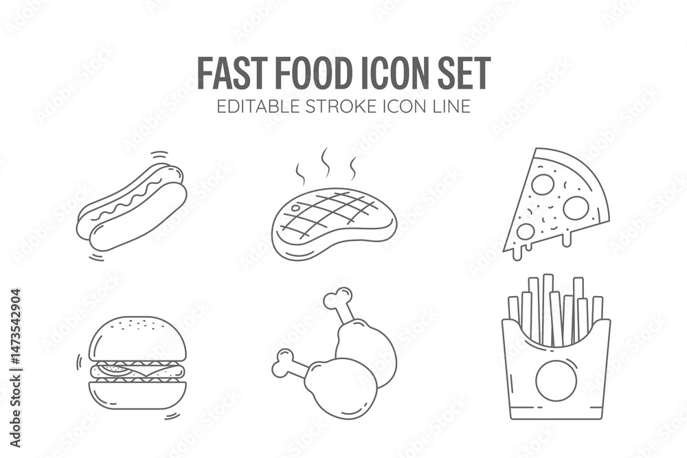 Fast Food Icon Set with White Background Flat Design Vector Illustration. Editable Stroke Fast Food Icon Set with White Background Flat Design Vector Illustration. Editable Stroke