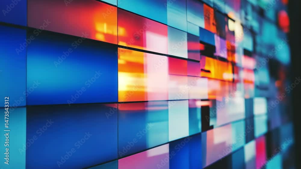 Switching channels on a TV screen with vibrant graphics and colors in a modern living space, TV screen, switching channels