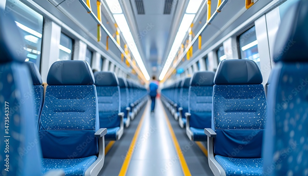 Obraz premium Interior of a passenger train car with blue seats and an individual at the back