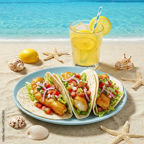 A beach-themed combo of fish tacos and lemonade, styled with seashells and sand, evoking a coastal vibe for a summer seafood ad.