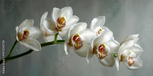White cymbidium orchid on misty gray background