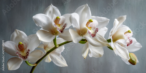 White cymbidium orchid on misty gray background