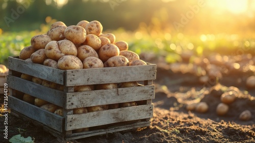 Vintage wooden farm crates stacked with freshly harvested potatoes