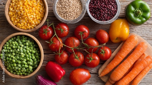 Wallpaper Mural A colorful arrangement of fresh vegetables, grains, and herbs is displayed on a wooden surface, illuminated by soft daylight, highlighting their vibrant textures Torontodigital.ca