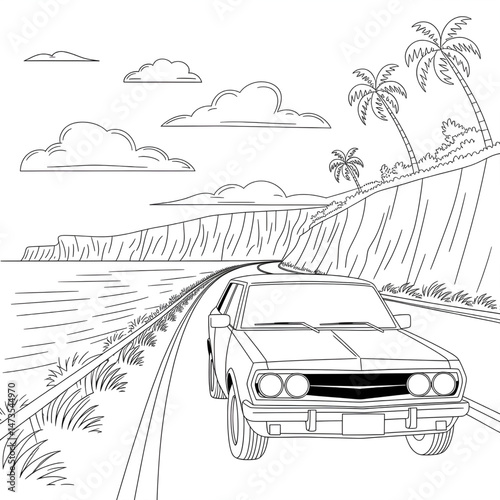 car driving along a coastal sea road, with waves, rocky cliffs, and palm trees in the background coloring page 