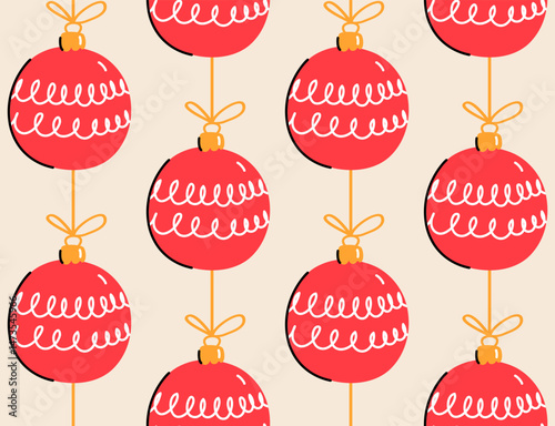 Colorful minimalistic Christmas seamless pattern of hanging red Christmas tree decorations in the shape of balls in a row with wavy patterns on a light background; hand drawn illustration, flat style