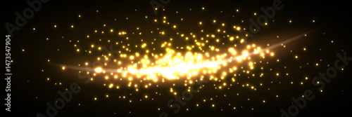 Golden light burst with sparkling particles. Glowing glitter effect on dark background. Horizontal flare with shiny glow. Festive magical light explosion. Abstract vector illustration.