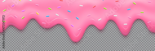 Pink strawberry cream dripping with colorful sprinkles isolated on transparent background. Sweet dessert topping design. Realistic seamless vector illustration for bakery, ice cream, candy themes.