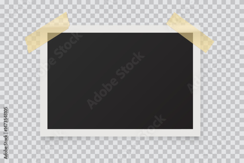 Blank retro photo frame with tape. Empty vintage photograph placeholder with white border on transparent background. Template for scrapbook or memory album. Realistic vector illustration.
