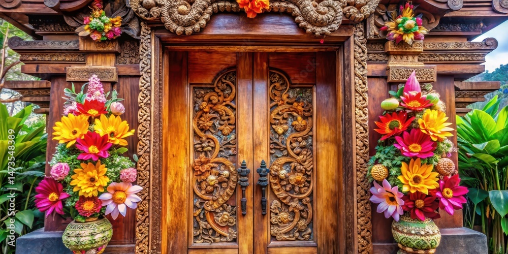 Fototapeta premium A beautiful wooden welcome sign with Balinese carvings and colorful flowers at a traditional temple door, welcome sign bali, tropical door