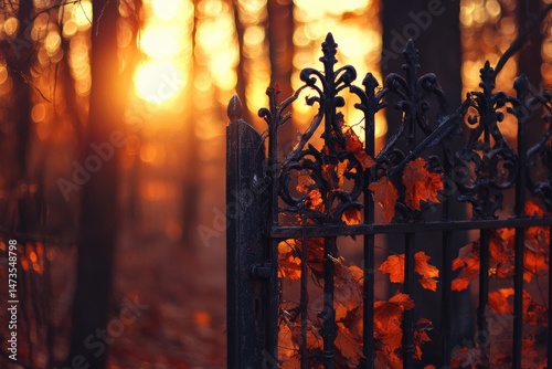 A decorative wrought-iron gate stands adorned with vibrant orange autumn leaves against a bokeh sunset backdrop.