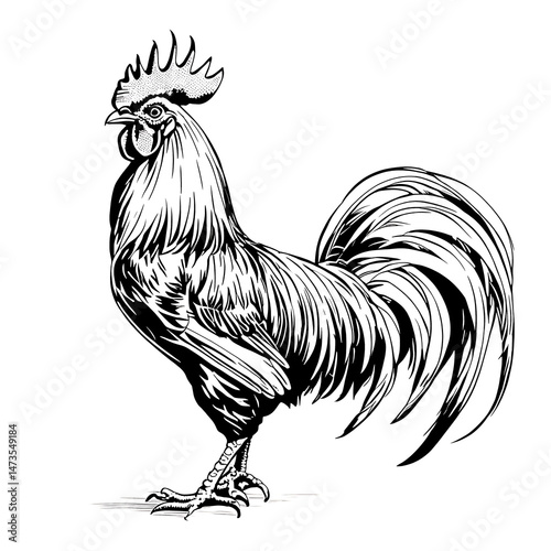 Chicken drawing proud stance detailed plumage curved tail sketched texture vintage livestock artwork.