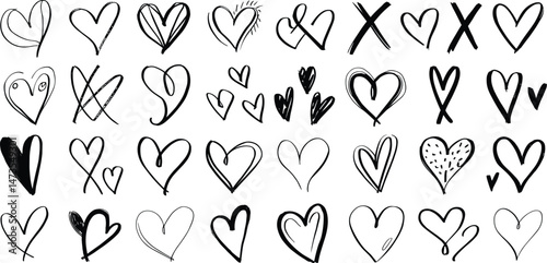 Set of black hand-drawn heart vectors. Perfect for Valentine' Day, wedding invitations, romantic designs. Unique heart shapes, filled and outlined, with creative patterns and textures