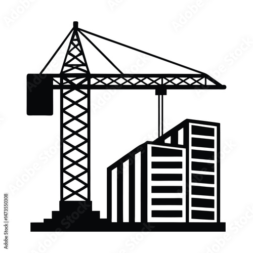 Tower crane and building frame combo on white background