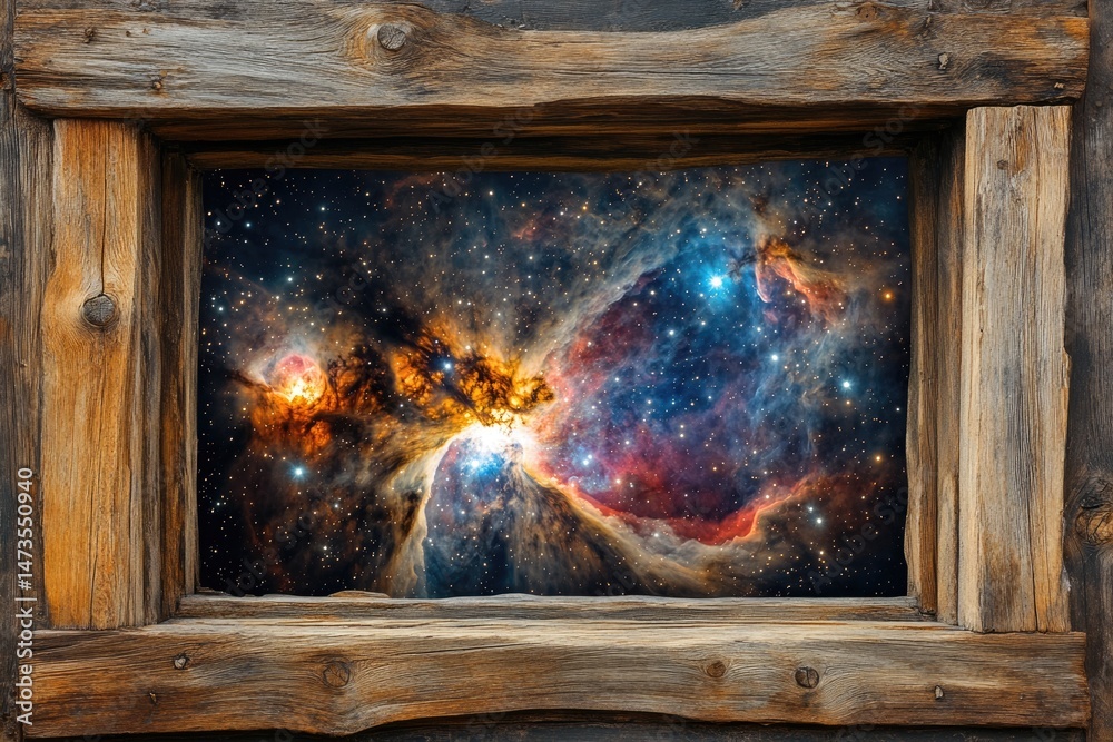 Fototapeta premium A nebula bursts with color and light seen through a rustic wooden window frame, space beauty.
