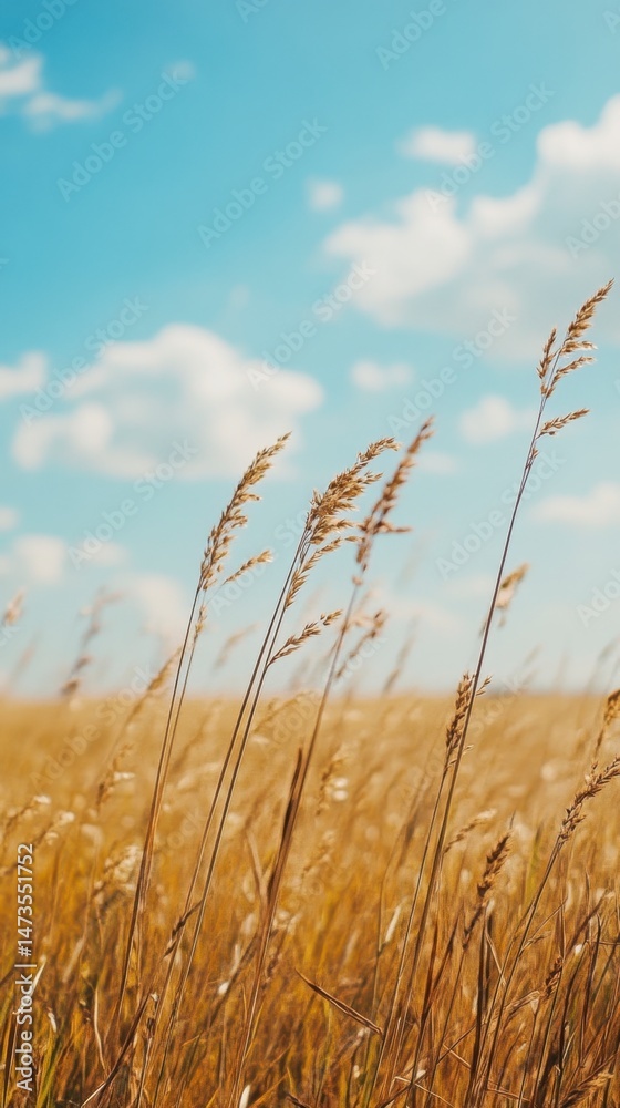 Fototapeta premium Golden Wheat Field Under Bright Sky with Fluffy White Clouds