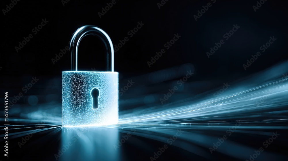 Fototapeta premium A metallic padlock glows amidst digital light streaks, symbolizing cybersecurity and data protection.