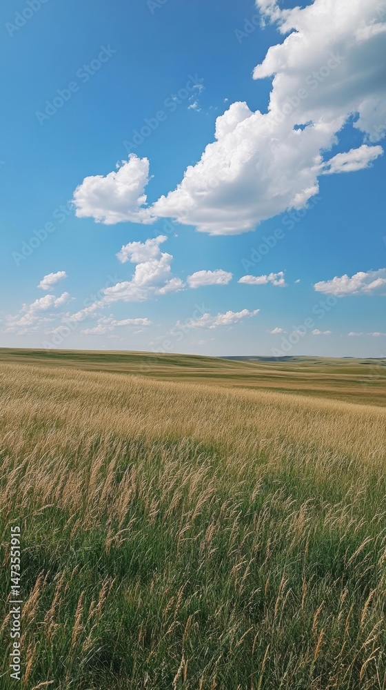 Obraz premium Expansive Green Field Under a Bright Blue Sky with Fluffy Clouds
