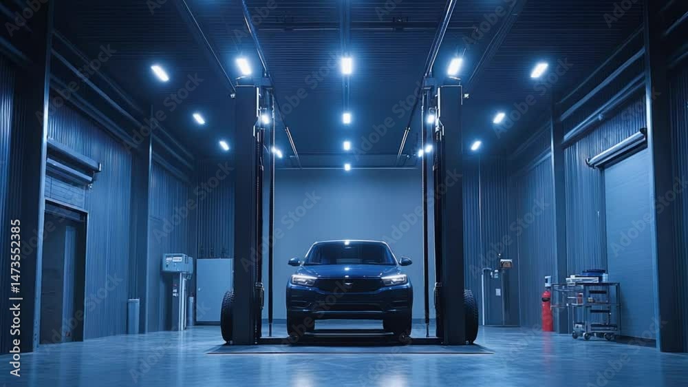 Dark blue SUV centered in a brightly lit, modern garage, raised on a vehicle lift