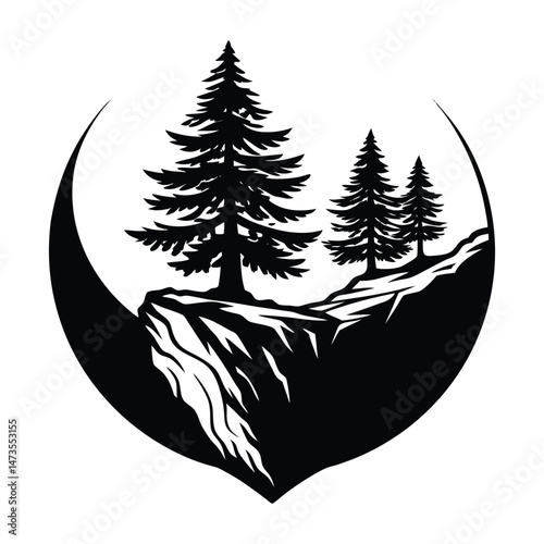 Silhouette vector logo of a lone pine tree on a cliff edge