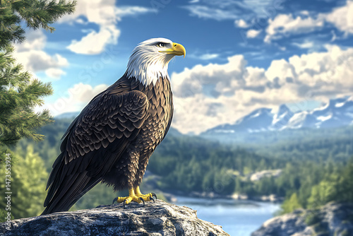 Majestic eagle perched on a rocky outcrop overlooking a serene lake and mountains in the background