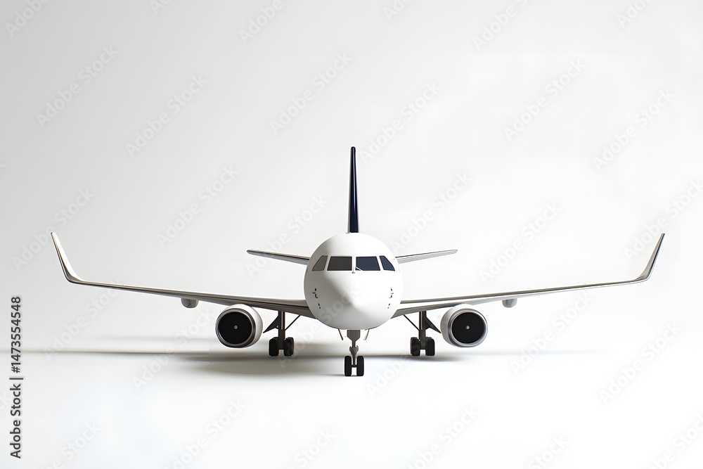 Front view of a white airplane model with black accents on a white background in a studio setting Front view of a white airplane model with black accents on a white background in a studio setting