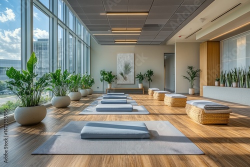 Modern yoga studio with large windows