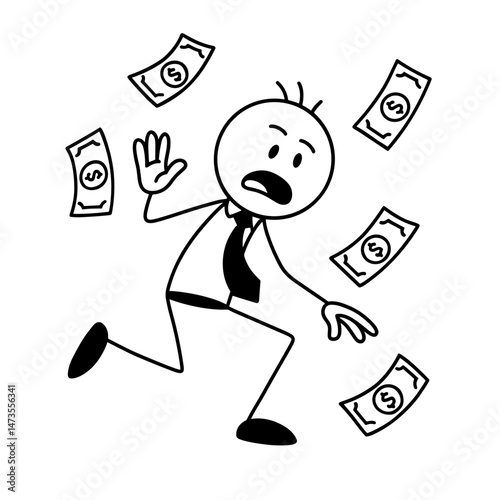 Businessman panicking as money flies away