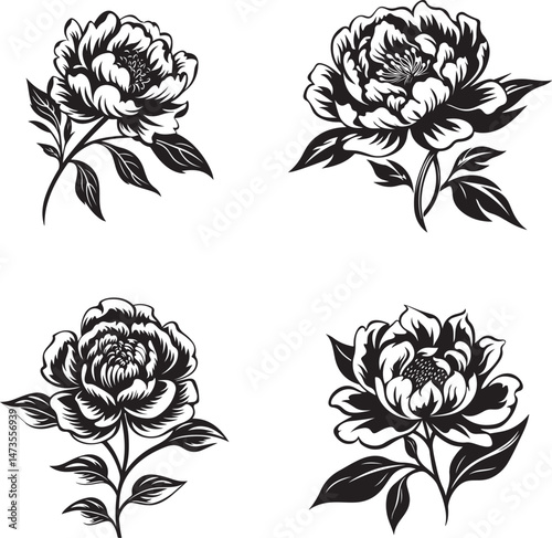 Peony Silhouette Clipart Set