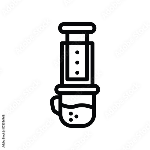 This is a black outline icon of a manual coffee maker in use, illustrated in a minimalist line art style. The design shows a plunger-style brewer positioned over a cup or mug, with liquid dripping int