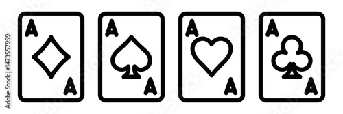 Set of four ace cards from deck. Vector illustration. Editable stroke.