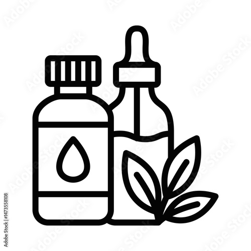 Two aromatherapy bottles with leaves. Vector illustration. Editable stroke.