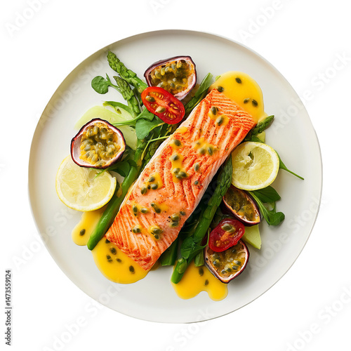 Delicious salmon fillet with passion fruit sauce on a plate, artfully plated alongside fresh vegetables. A gourmet dish that tantalizes the taste buds
