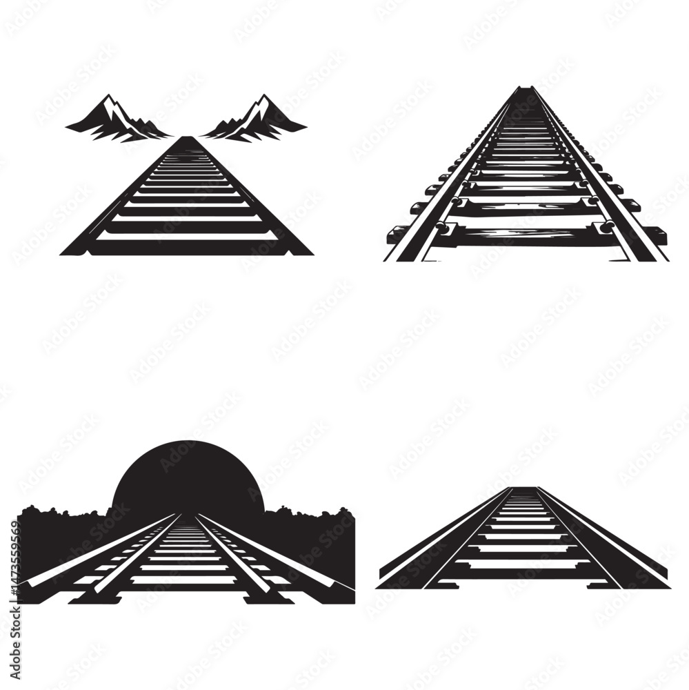 Naklejka premium Train Tracks Silhouette Clipart Set