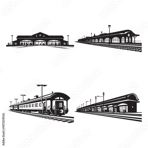 Train Station Silhouette Clipart Set