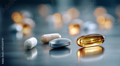 Various Dietary Supplements Arranged on a Reflective Surface With Soft Lighting
