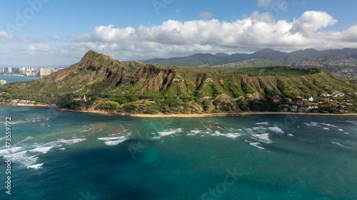 Wide aerial view of Diamond Head toward Waikiki Beach