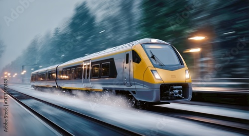 Train Travels Through a Snowy Landscape in the Early Morning Light