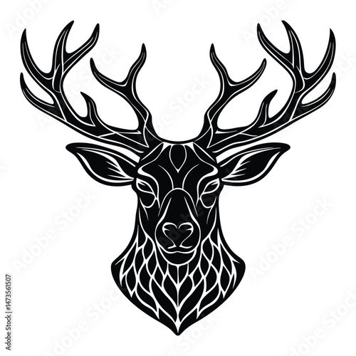 Deerstag head silhouette with intricate antlers, vector logo