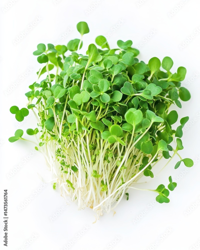 Obraz premium Microgreens on White Background: Fresh Bunch of Green Sprouts, Top View