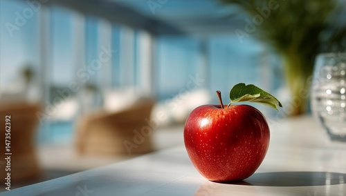 Fresh Red Apple on a Marble Countertop With a Blurred Outdoor Backdrop and Na...