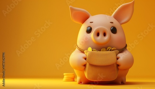 3d pig with gold coins, 3d pig savings with stacks of money, bag full of coins, bitcoin, dollar, pig with stacks of dollar bills and bitcoin