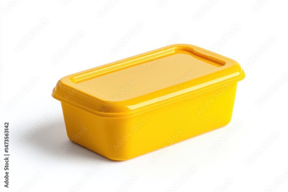 Yellow plastic food container isolated on white background used in packaging mockups food storage and delivery visuals Yellow plastic food container isolated on white background used in packaging mockups food storage and delivery visuals